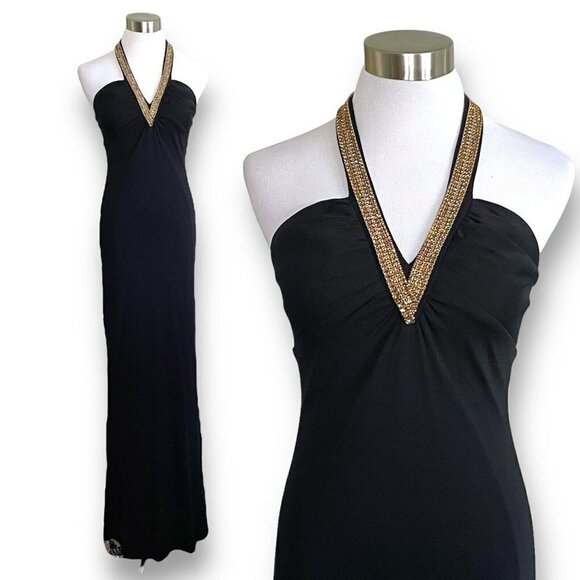Y2K Vintage Prom Gown Sz P Petite Black Halter Rhinestone Halter Maxi Dress - Picture 1 of 12
